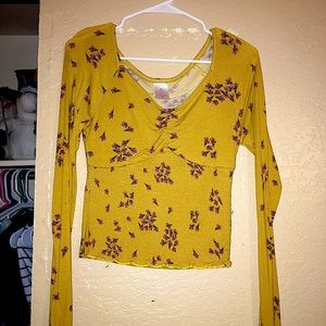 Mustard yellow floral long sleeve crop top